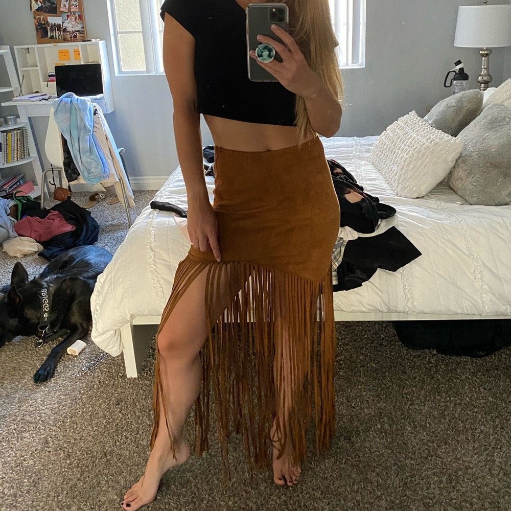 SUEDE FRINGE MAXI SKIRT